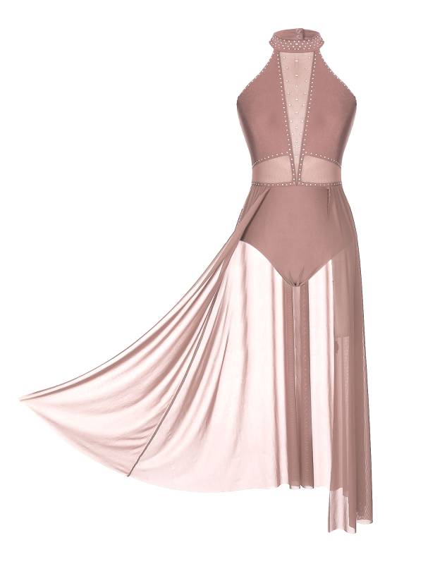 Women Sleeveless Shiny Rhinestone Mesh Lyrical Dance Leotard Dress thumb