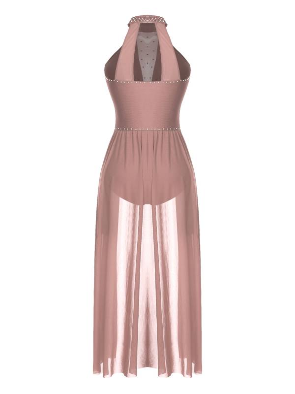Women Sleeveless Shiny Rhinestone Mesh Lyrical Dance Leotard Dress thumb