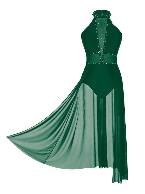 Women Sleeveless Shiny Rhinestone Mesh Lyrical Dance Leotard Dress thumb
