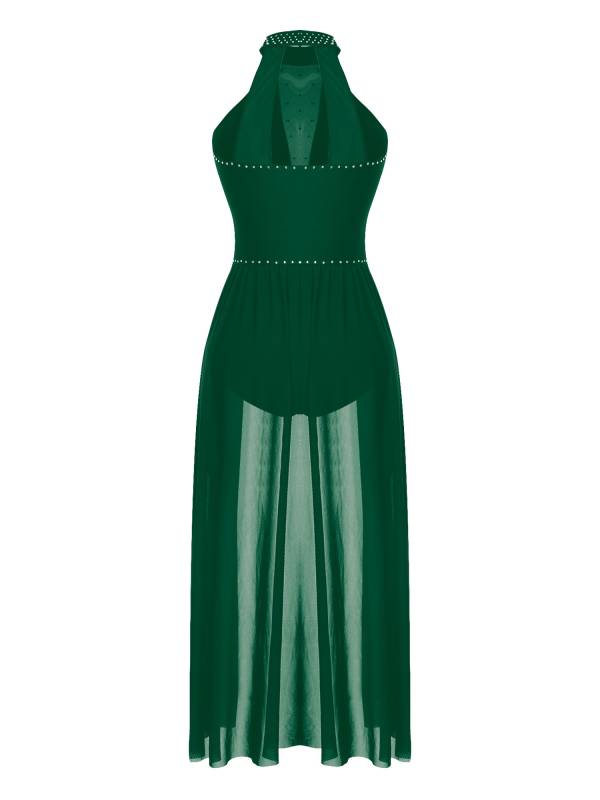 Women Sleeveless Shiny Rhinestone Mesh Lyrical Dance Leotard Dress thumb
