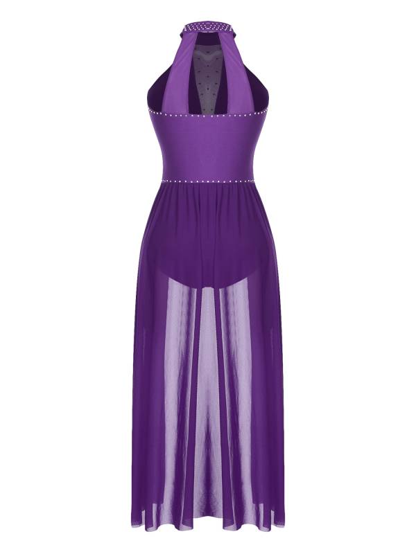 Women Sleeveless Shiny Rhinestone Mesh Lyrical Dance Leotard Dress thumb