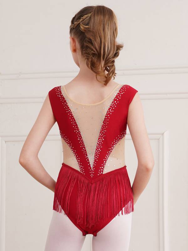 Kids Girls Shiny Rhinestone Leotard Tassel Figure Skating Bodysuit thumb