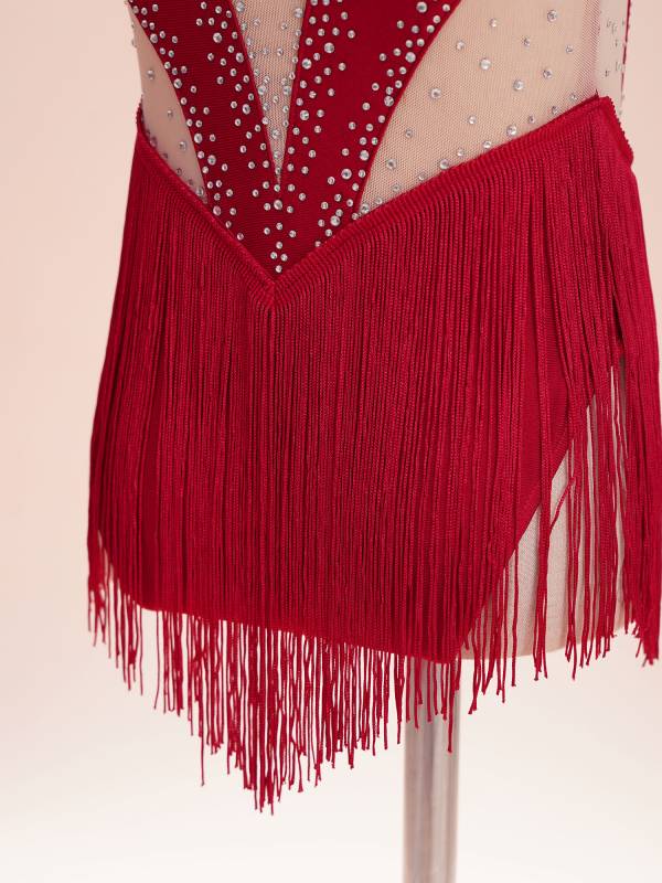 Kids Girls Shiny Rhinestone Leotard Tassel Figure Skating Bodysuit thumb