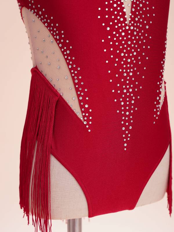 Kids Girls Shiny Rhinestone Leotard Tassel Figure Skating Bodysuit thumb