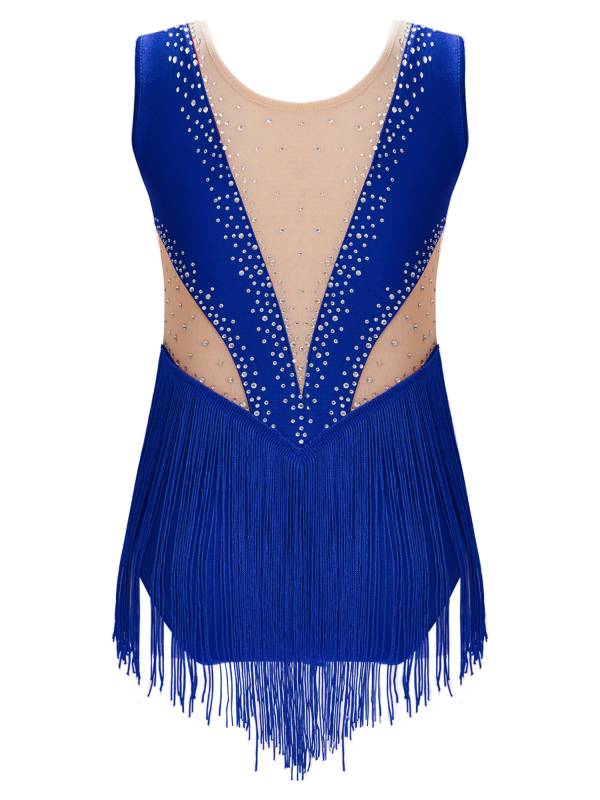Kids Girls Shiny Rhinestone Leotard Tassel Figure Skating Bodysuit thumb