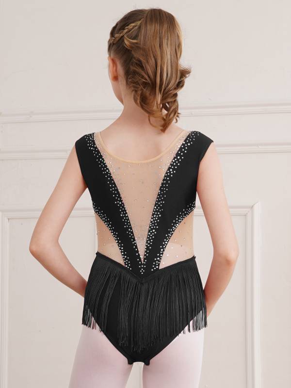 Kids Girls Shiny Rhinestone Leotard Tassel Figure Skating Bodysuit thumb