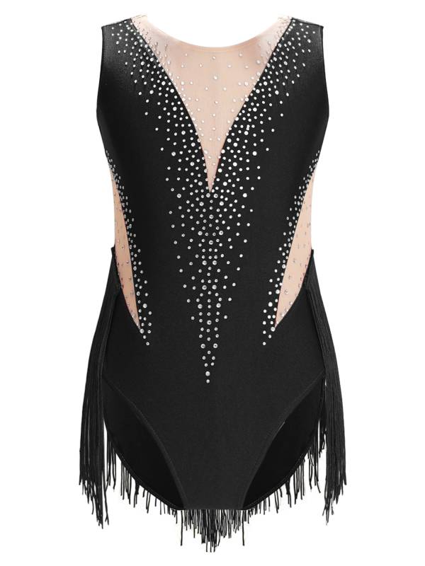 Kids Girls Shiny Rhinestone Leotard Tassel Figure Skating Bodysuit thumb