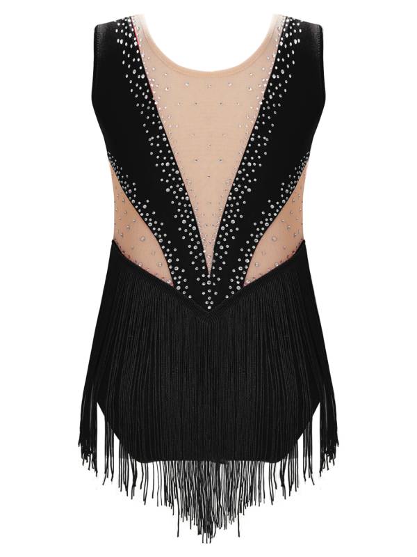 Kids Girls Shiny Rhinestone Leotard Tassel Figure Skating Bodysuit thumb