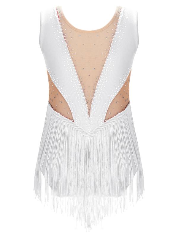 Kids Girls Shiny Rhinestone Leotard Tassel Figure Skating Bodysuit thumb