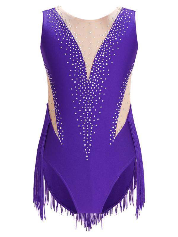 Kids Girls Shiny Rhinestone Leotard Tassel Figure Skating Bodysuit thumb