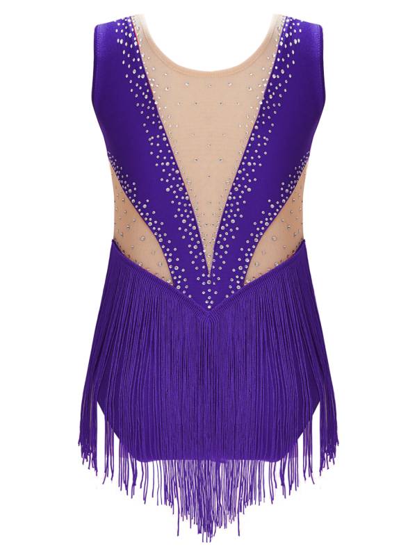 Kids Girls Shiny Rhinestone Leotard Tassel Figure Skating Bodysuit thumb