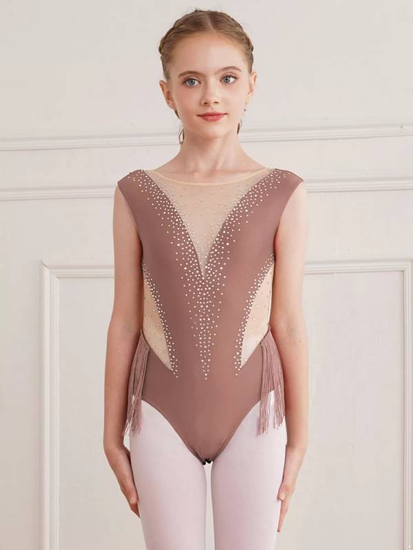 Kids Girls Shiny Rhinestone Leotard Tassel Figure Skating Bodysuit thumb