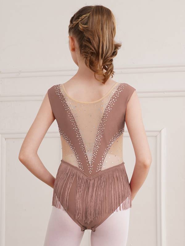 Kids Girls Shiny Rhinestone Leotard Tassel Figure Skating Bodysuit thumb