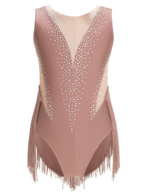Kids Girls Shiny Rhinestone Leotard Tassel Figure Skating Bodysuit thumb