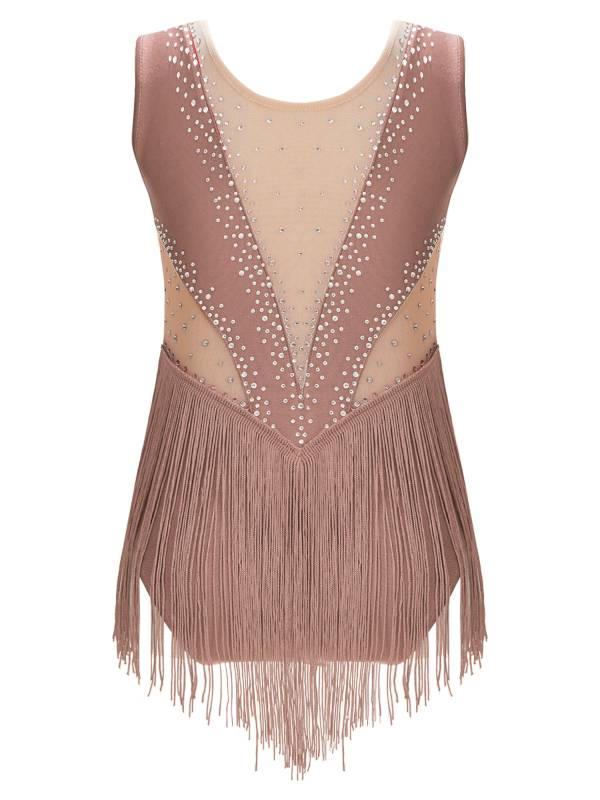 Kids Girls Shiny Rhinestone Leotard Tassel Figure Skating Bodysuit thumb