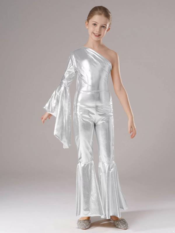 Kids Girls Metallic Shiny Bell-Bottom Jazz Dance Unitard Jumpsuit thumb
