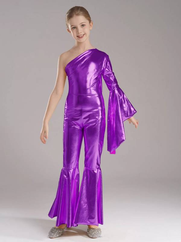 Kids Girls Metallic Shiny Bell-Bottom Jazz Dance Unitard Jumpsuit thumb