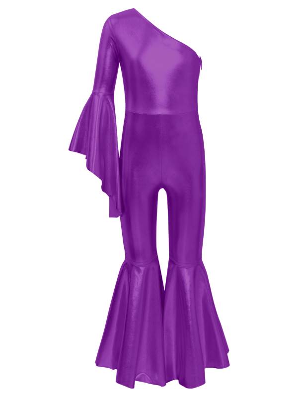 Kids Girls Metallic Shiny Bell-Bottom Jazz Dance Unitard Jumpsuit thumb
