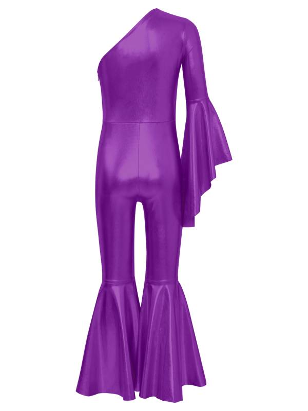 Kids Girls Metallic Shiny Bell-Bottom Jazz Dance Unitard Jumpsuit thumb