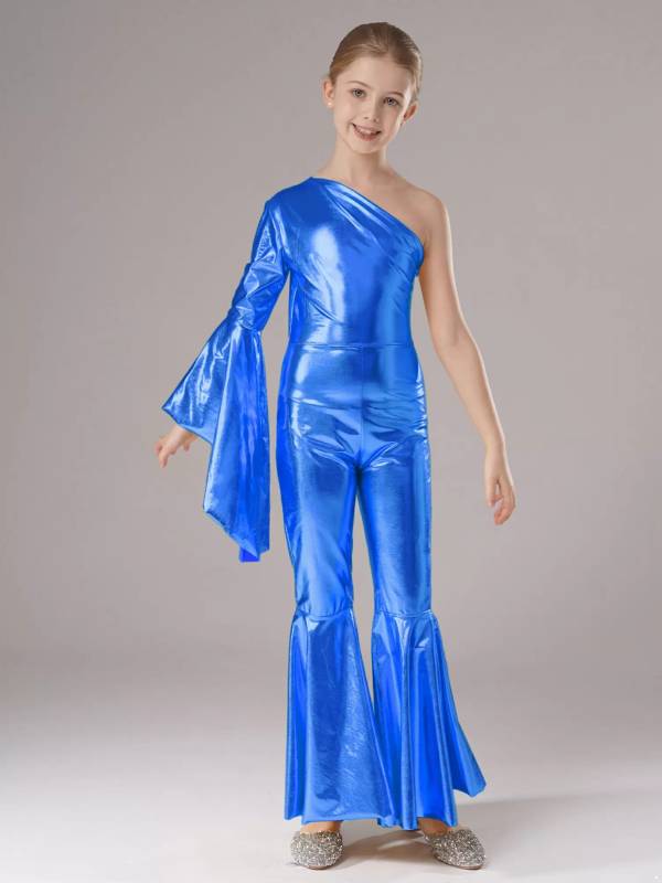 Kids Girls Metallic Shiny Bell-Bottom Jazz Dance Unitard Jumpsuit thumb