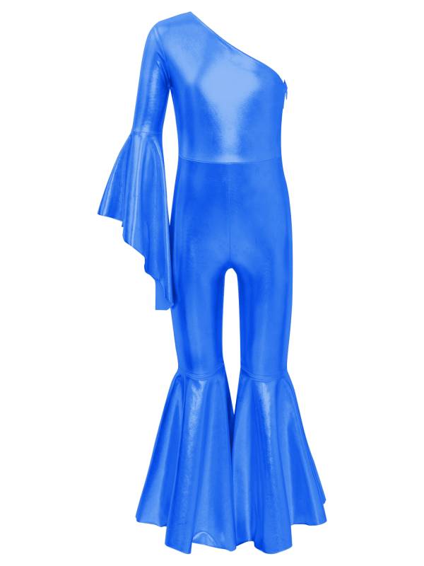 Kids Girls Metallic Shiny Bell-Bottom Jazz Dance Unitard Jumpsuit thumb