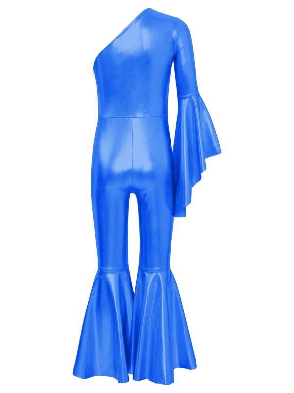 Kids Girls Metallic Shiny Bell-Bottom Jazz Dance Unitard Jumpsuit thumb