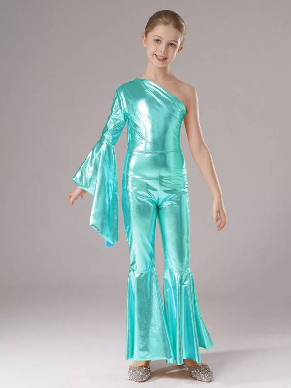 Kids Girls Metallic Shiny Bell-Bottom Jazz Dance Unitard Jumpsuit thumb