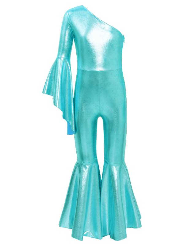 Kids Girls Metallic Shiny Bell-Bottom Jazz Dance Unitard Jumpsuit thumb