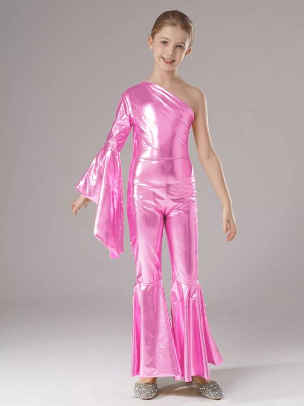 Kids Girls Metallic Shiny Bell-Bottom Jazz Dance Unitard Jumpsuit thumb
