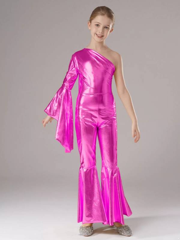 Kids Girls Metallic Shiny Bell-Bottom Jazz Dance Unitard Jumpsuit thumb