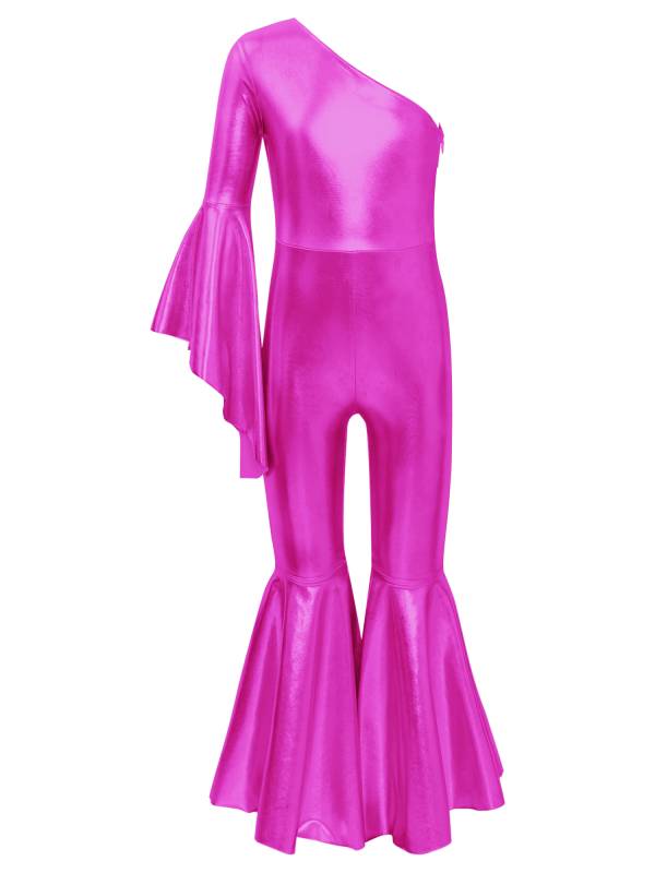 Kids Girls Metallic Shiny Bell-Bottom Jazz Dance Unitard Jumpsuit thumb