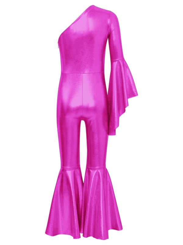 Kids Girls Metallic Shiny Bell-Bottom Jazz Dance Unitard Jumpsuit thumb
