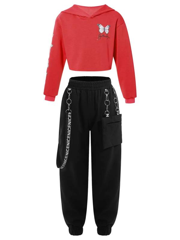 Kids Girls 2pcs Butterfly Printed Cropped Hoodies and Sweatpants Sets thumb