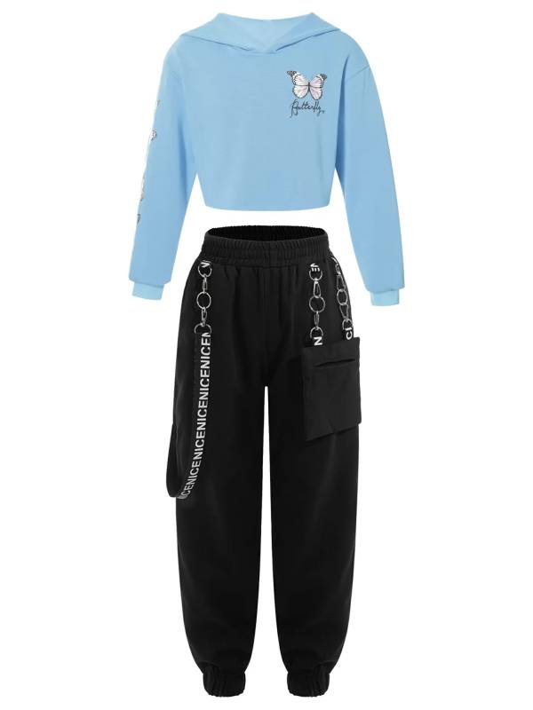 Kids Girls 2pcs Butterfly Printed Cropped Hoodies and Sweatpants Sets thumb