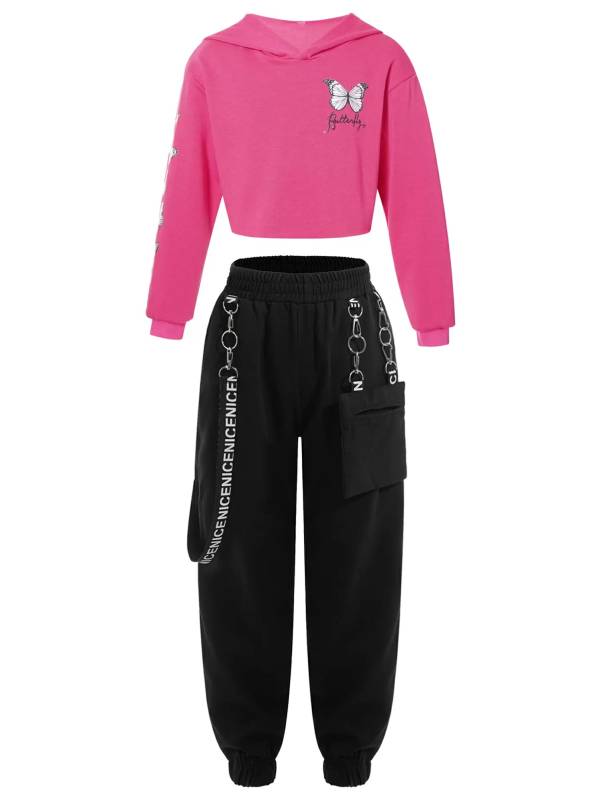 Kids Girls 2pcs Butterfly Printed Cropped Hoodies and Sweatpants Sets thumb