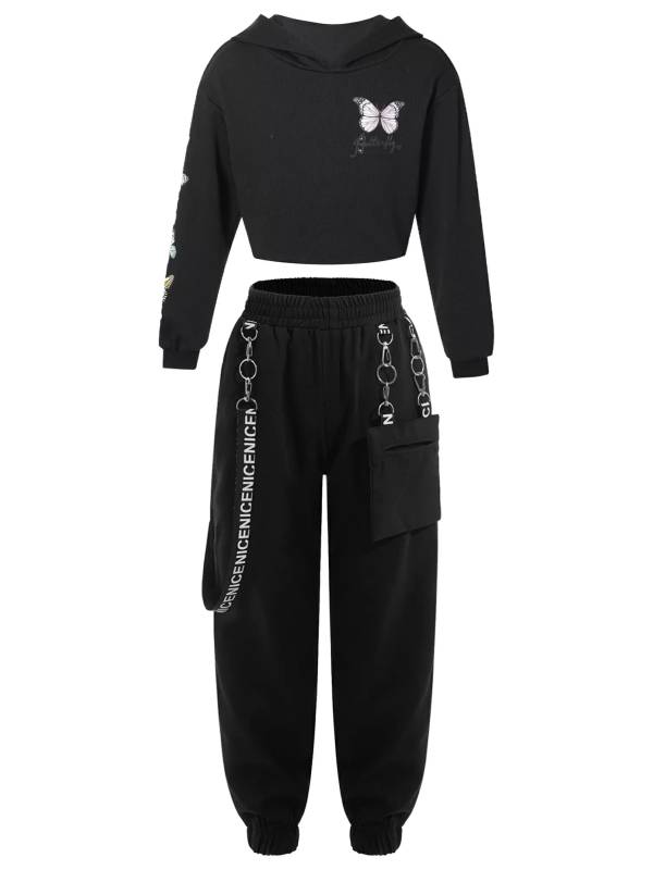 Kids Girls 2pcs Butterfly Printed Cropped Hoodies and Sweatpants Sets thumb