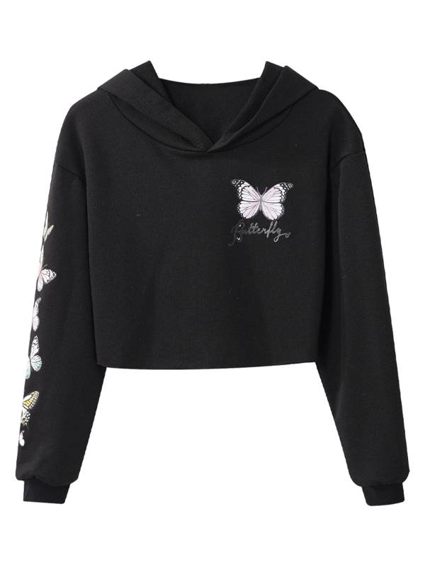 Kids Girls 2pcs Butterfly Printed Cropped Hoodies and Sweatpants Sets thumb