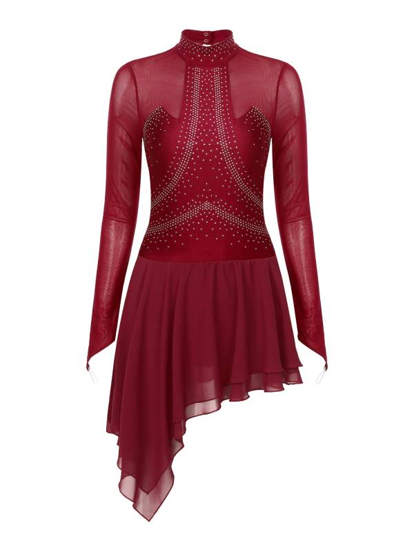 Women Long Sleeve Shiny Rhinestone Figure Skating Dress thumb