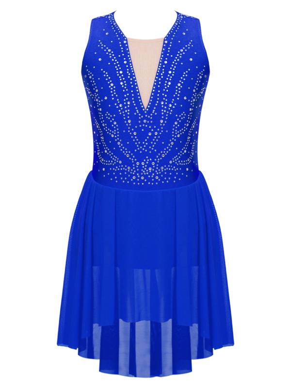 Kids Girls Sleeveless Rhinestone Strappy Back Asymmetrical Figure Skating Dress thumb