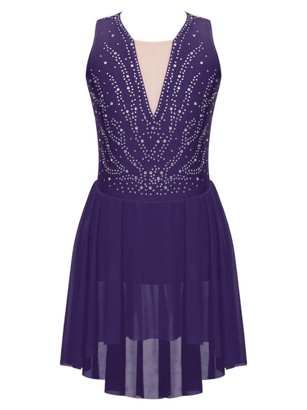 Kids Girls Sleeveless Rhinestone Strappy Back Asymmetrical Figure Skating Dress thumb