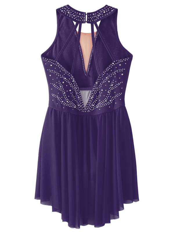 Kids Girls Sleeveless Rhinestone Strappy Back Asymmetrical Figure Skating Dress thumb