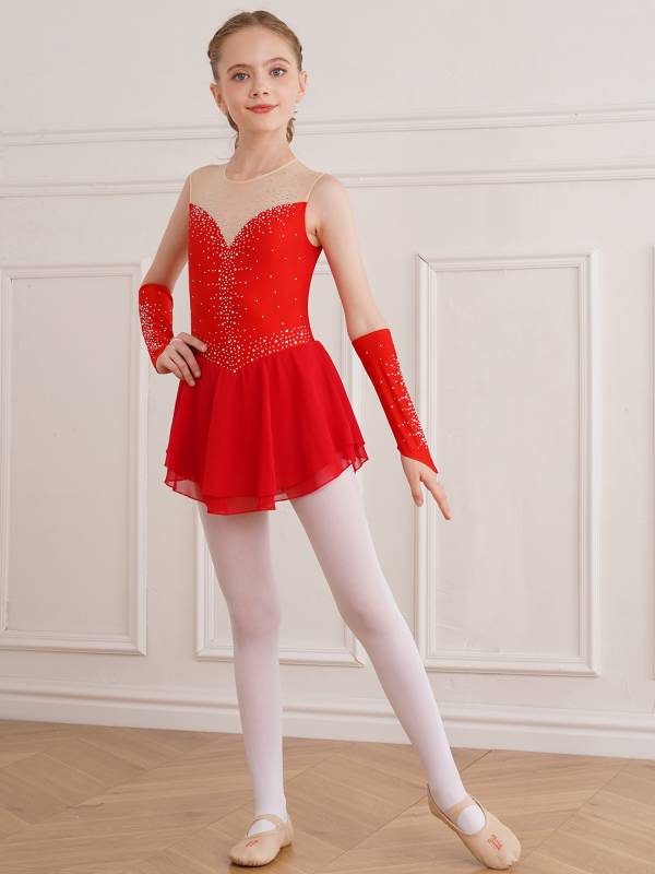 Kids Girls Rhinestone Figure Skating Dress with Gloves thumb