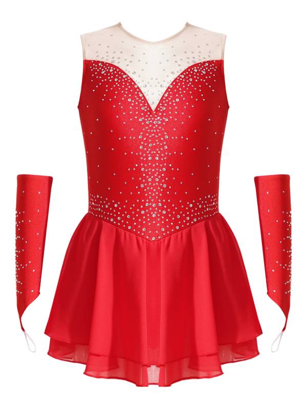 Kids Girls Rhinestone Figure Skating Dress with Gloves thumb