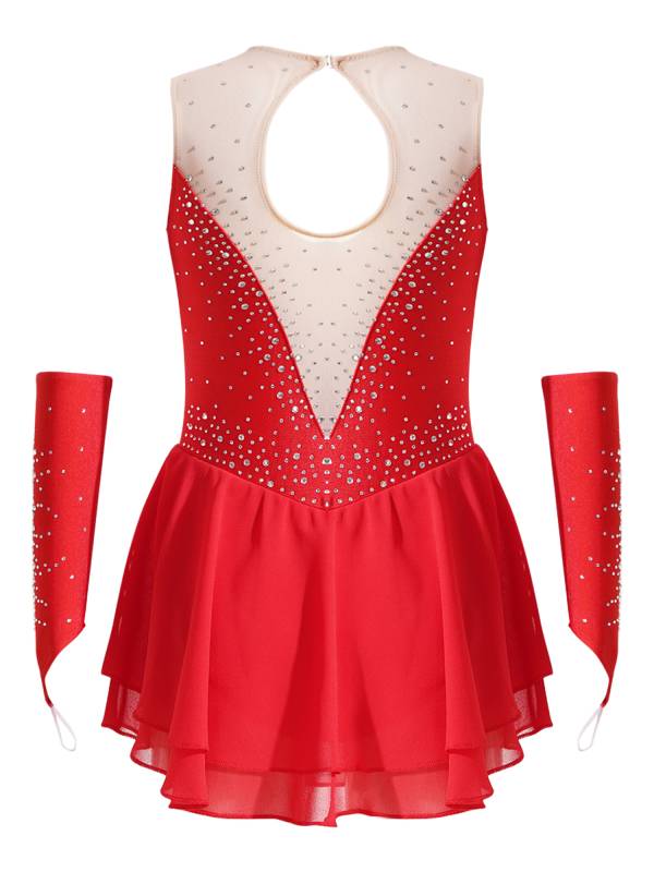 Kids Girls Rhinestone Figure Skating Dress with Gloves thumb