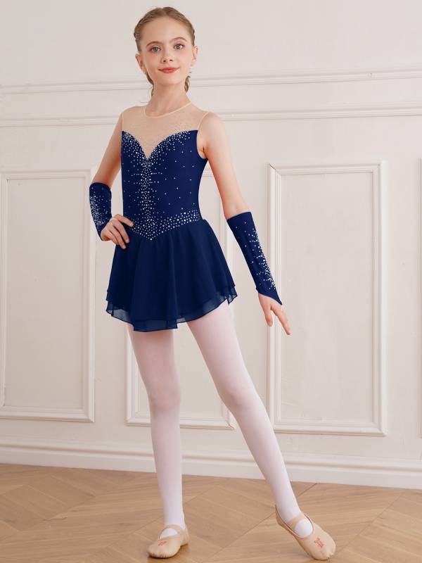 Kids Girls Rhinestone Figure Skating Dress with Gloves thumb