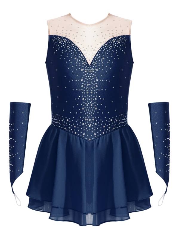 Kids Girls Rhinestone Figure Skating Dress with Gloves thumb