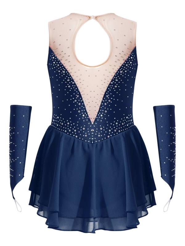 Kids Girls Rhinestone Figure Skating Dress with Gloves thumb