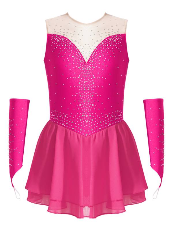 Kids Girls Rhinestone Figure Skating Dress with Gloves thumb