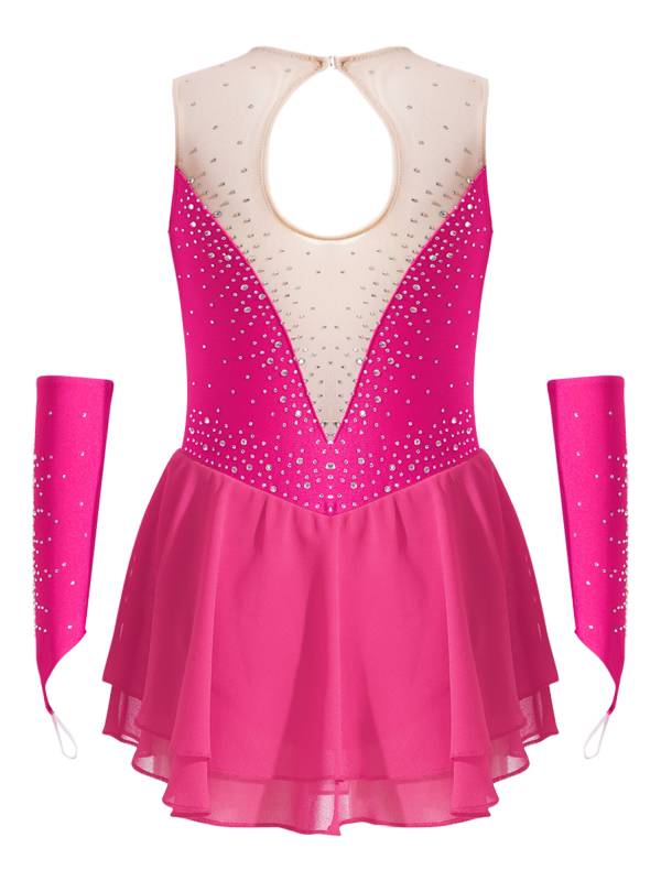 Kids Girls Rhinestone Figure Skating Dress with Gloves thumb