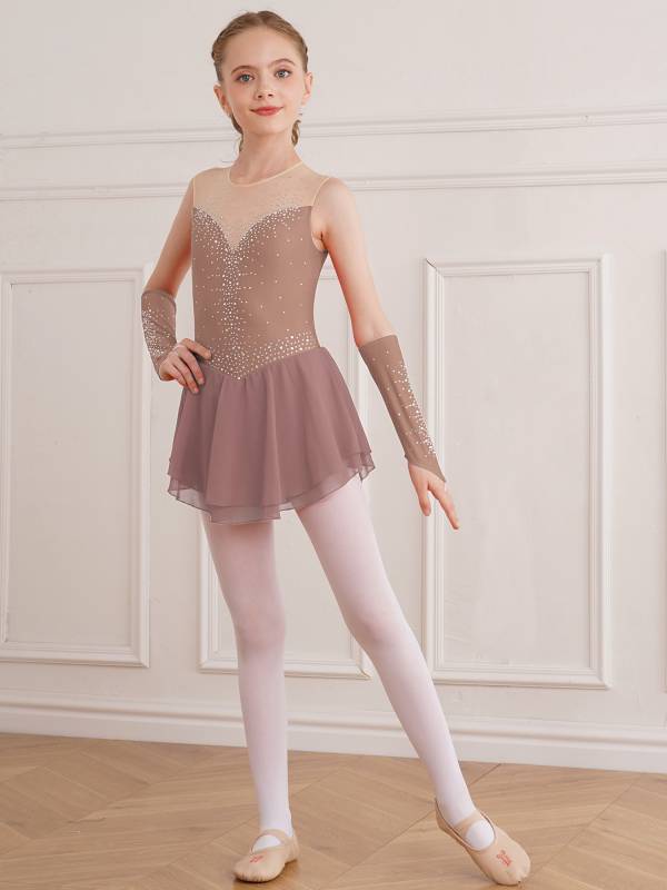 Kids Girls Rhinestone Figure Skating Dress with Gloves thumb